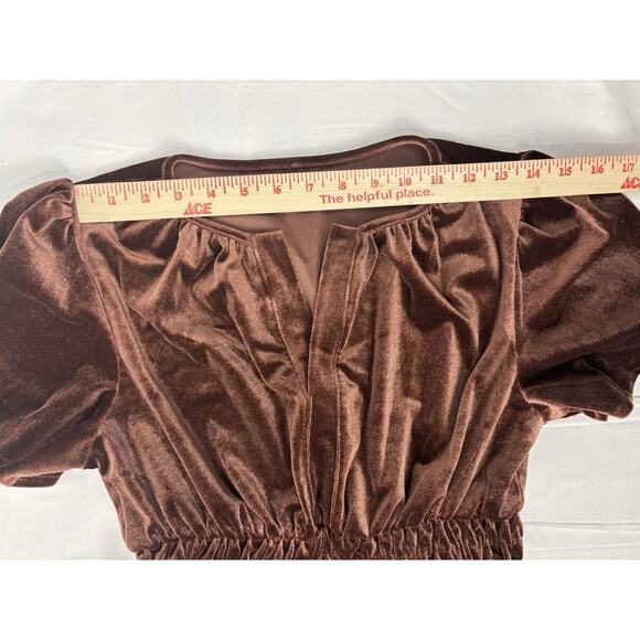 Women’s Velvet Tiered Short Sleeve Elastic Waist Maxi Dress Coffee Brown S - Picture 4 of 9